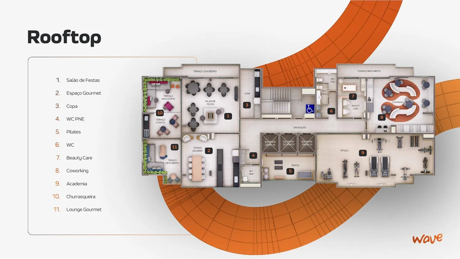 Planta de implantação do rooftop com as áreas de lazer